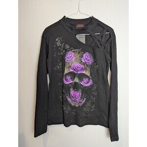 Spiral Direct Pentagram Shoulder Women's Long Sleeve Top Goth Rock Skull Roses L